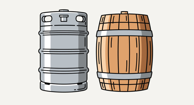 Comparison illustration of a modern silver metal beer keg and a traditional wooden barrel with silver metal rings.