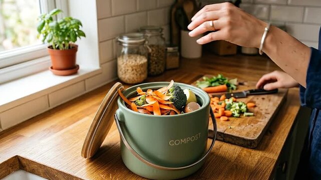 Plastic free shopping journey kitchen compost bin collects vegetable peel broccoli carrot food scraps eggshells tossed into countertop bowl