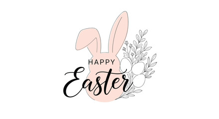 Obraz premium Stylized pink bunny ears silhouette decorated with black and white floral sketches for a happy easter message.