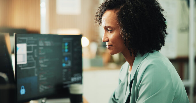 Computer, coding and research with woman in office for programmer, cyber security or cloud computing. Programming, reading and developer with person in tech agency for database update and it solution