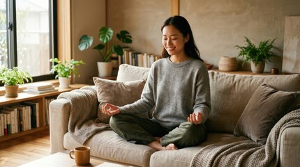 Obraz premium A young woman sits cross-legged on a comfortable sofa, practicing meditation. She wears a gray sweater and green pants.