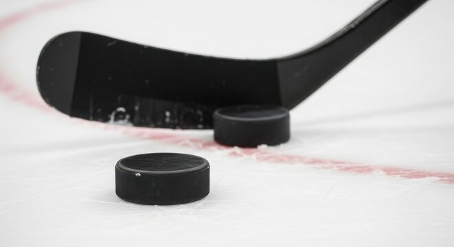 Ice hockey puck and stick on ice rink with red lines