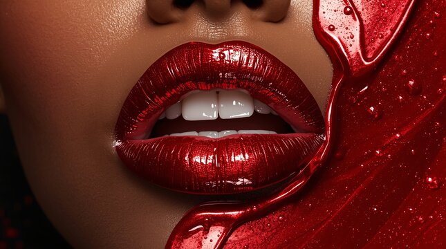 Close-up of glossy red lips with shiny dripping liquid across the face, creating a bold and artistic beauty composition
