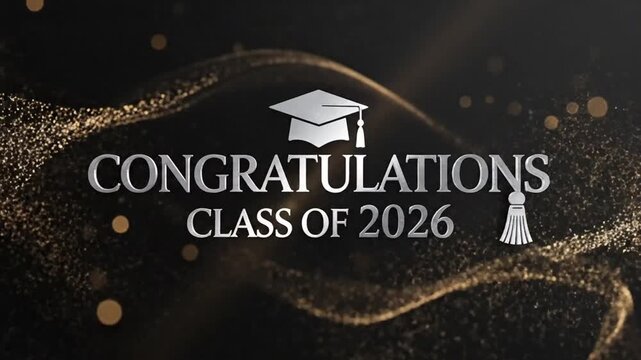 Celebratory graduation announcement with sparkling particles and academic cap for the class of 2026