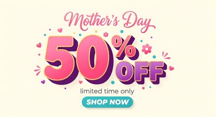 Fototapeta premium Mothers day 50 percent off sale banner with colorful hearts and flowers
