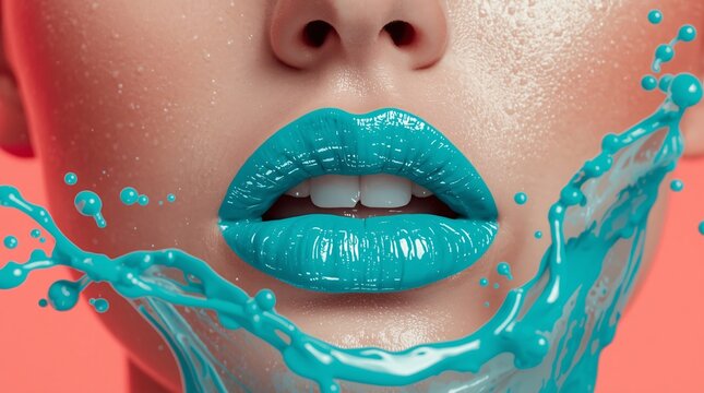 Turquoise lips with coral splash, surreal beauty concept.Perfect for fashion, makeup, abstract art, and modern design projects.