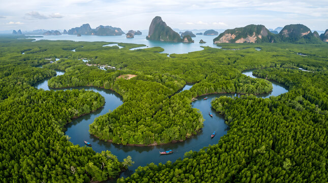 Aerial panorama of winding mangrove river channels weaving through dense green coastal forest toward limestone islands in the bay, showcasing pristine estuary ecosystem and dramatic tropical seascape 