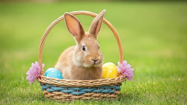 Easter bunny in a basket with colorful eggs on green grass, spring holiday.