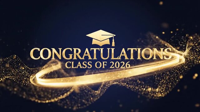 Celebratory animation for graduation achievement with sparkling gold effects and congratulatory message for class of 2026