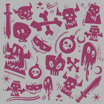seamless pattern ghotic doodles, Cute Dark Gothic Doodle Set Skulls, Ghosts, Swords, Grunge Horror Icons