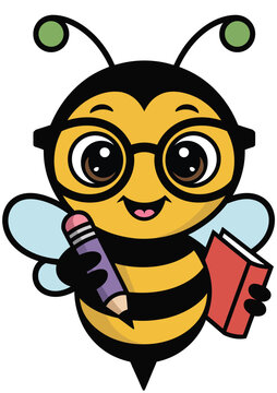 Cute cartoon bee mascot character wearing glasses holding pencil and book back to school concept.