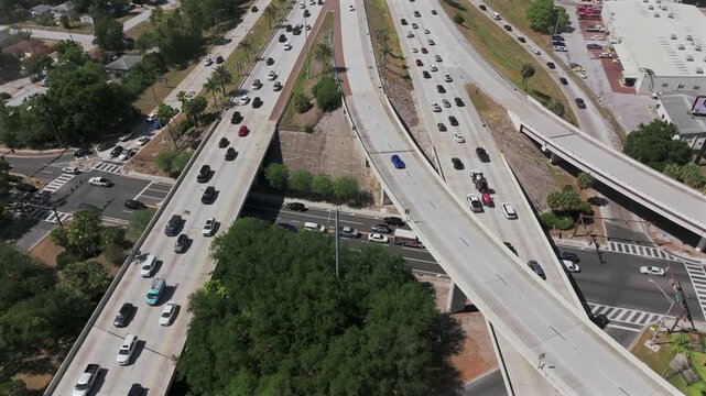 Descending Drone Aerial Tilt Up Revealing Busy Interstate 275 Vehicle Traffic in St Petersburg, Florida