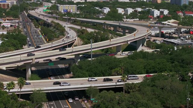 Aerial Establishing Shot of Interstate 275 Overpass Exchange During Rush Hour Vehicle Traffic in St Petersburg, Florida