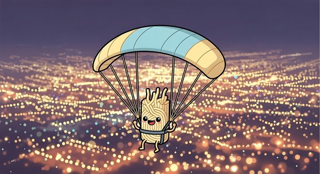 A playful cartoon noodle character descends via parachute over a sprawling cityscape with twinkling lights at night