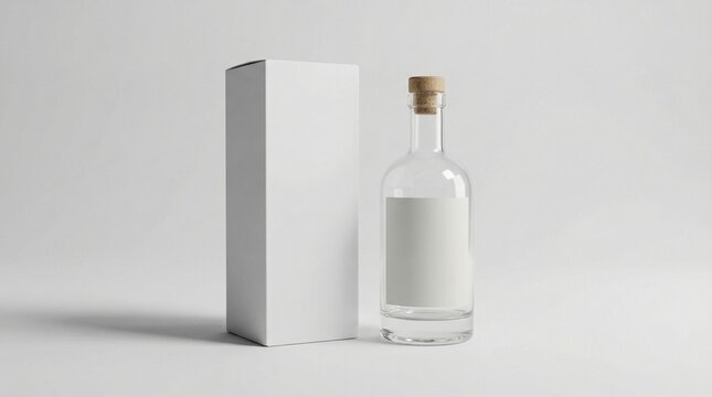 A bottle with a cork stopper stands next to a white rectangular box on a plain surface.