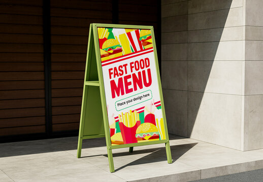 Green Metal A Frame Sandwich Board Mockup with Fast Food Menu Design on Sidewalk