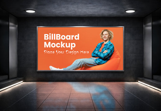 Large Horizontal Billboard Mockup on Dark Wall in Subway Station with Fashion Model Design