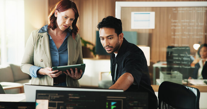 Tablet, programmer and computer with business people in office for web developer, research or feedback. Code review, software engineer and database with employees in tech startup for it collaboration