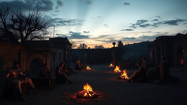 garrison. Ancient Roman military camp at dusk with soldiers by campfires. event programs, museum guides, designed for cultural heritage projects and event programs, preserves heritage.