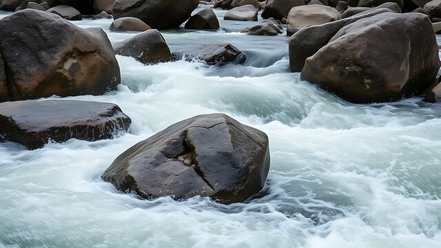 deposition. Large rocks in a turbulent river, water splashing around them, dynamic motion. travel magazines, destination branding, designed for outdoor magazines and nature guides.