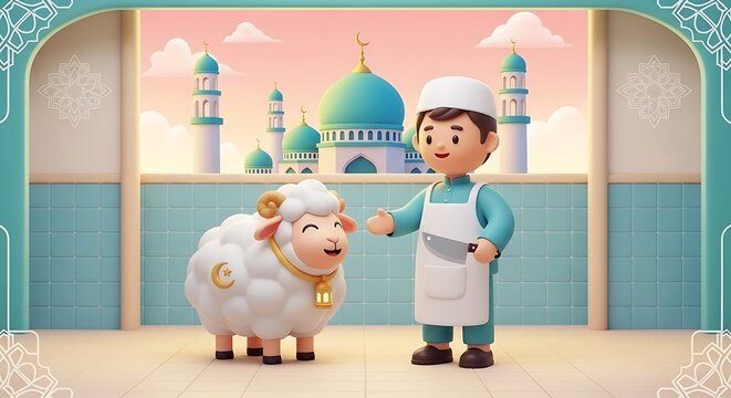 3D Islamic Chef with Sheep for Eid al-Adha Celebration