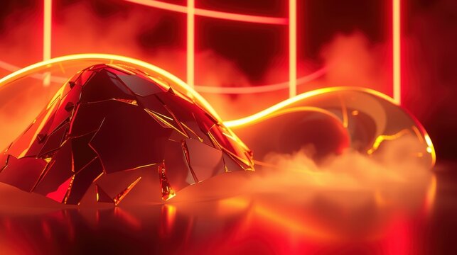 Dramatic red gem rests amid smoke, illuminated by neon lights. Intense color, sharp facets create striking visual impact.