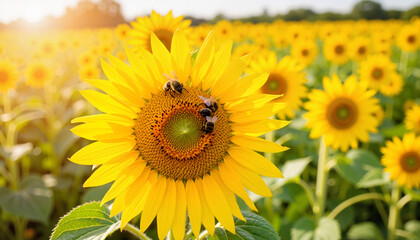 Obraz premium Bees pollinating vibrant sunflower in blooming field, nature's harmony