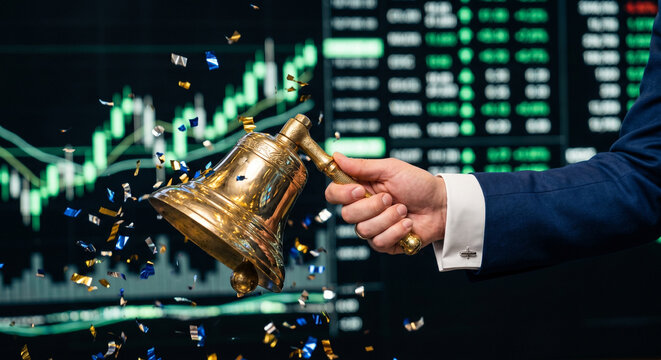 Businessman hand ringing a golden bell with confetti and blurry stock market charts background, market opening concept.