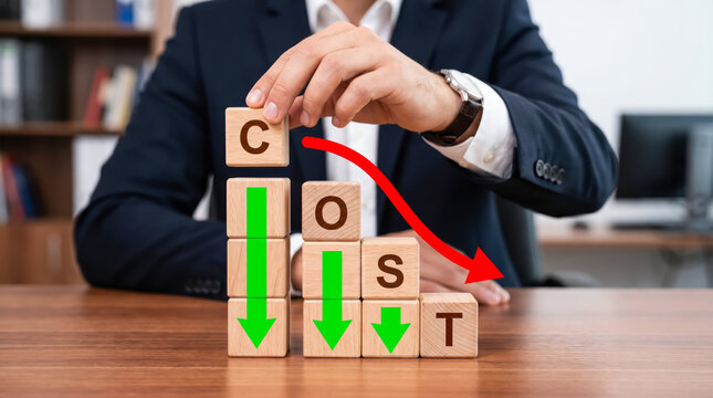 Businessman holding wooden block with letter c to complete the word cost with a downward red arrow indicating cost reduction