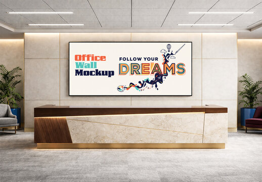 Modern Office Reception Wall Poster Mockup Interior