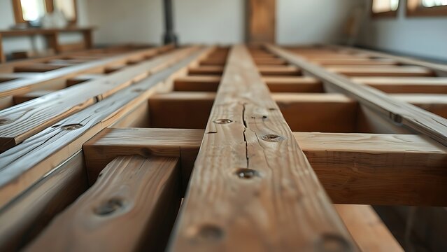 joists. Close-up of aged wooden joists with axe marks in a renovated house, soft natural light. real-estate listings.