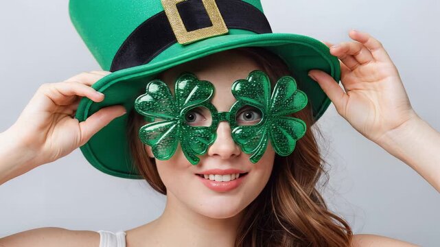 St. Patricks Day Celebration - Woman with Shamrock Glasses and Green Hat.