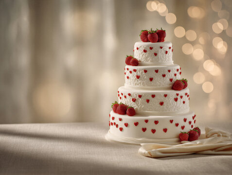 Elegant white wedding fondant cake with red hearts and strawberries on linen tablecloth. Warm soft lighting, romantic atmosphere, bokeh. Negative space for text. Ideal for wedding planning ads.