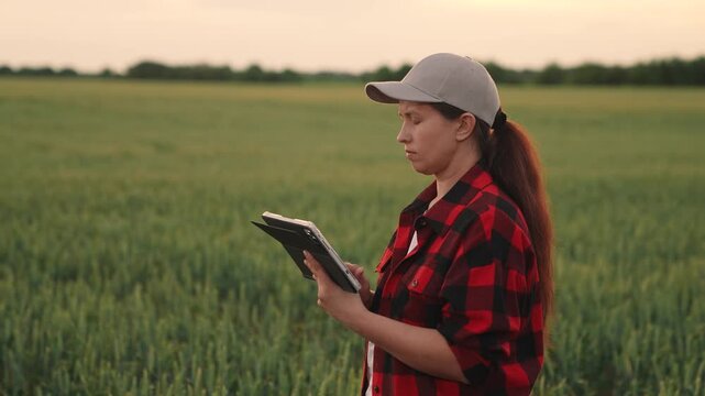 Agriculture, Woman using tablet for crop management, Progressive agriculture scene, Daily life with technology on farm, Digital solutions for rural area, Farm task digital assistance, Rural adaptation