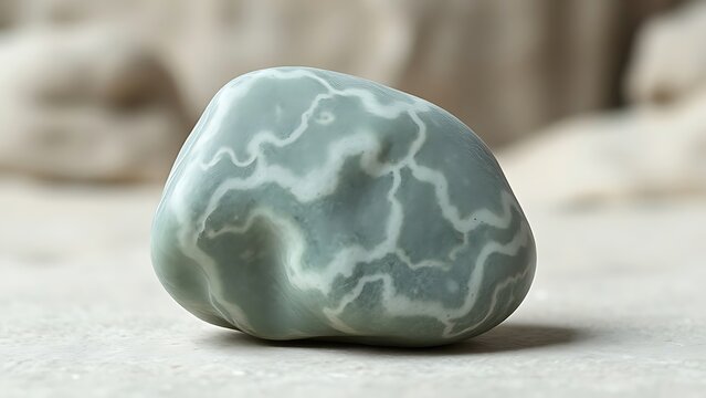 unreality. A smooth gray-green soapstone rock with wavy textures on a blurred background. gardening catalogs, home-decor guides, designed for home decor and floral branding.