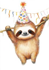 Fototapeta premium Birthday, sloth, party hat, Playful sloth wearing a party hat hanging on a branch with colorful decorations for a birthday celebration in a cheerful illustration style for children's party