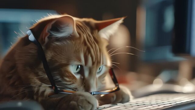 Funny orange tabby cat wearing glasses working on a computer