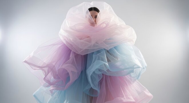 Ethereal Fashion: A model elegantly draped in flowing pastel fabrics, embodies the spirit of avant-garde design and creative expression. 