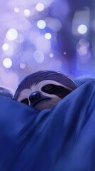 Fototapeta premium Sloth, blanket, Sloth sleeping peacefully under a cozy blue blanket in a soft ambient light setting, perfect for advertising, social media content, and branding, indoor, illustration, calm, cozy
