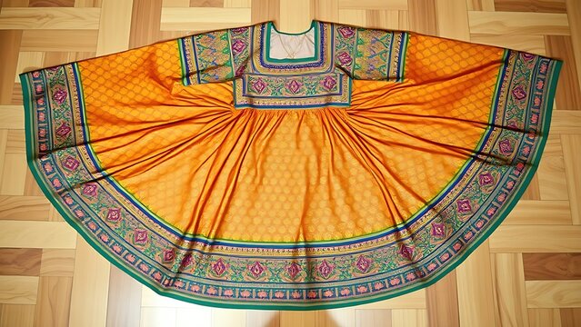 assamese. Traditional silk dress with intricate patterns laid flat on a wooden floor. event programs, museum guides, designed for cultural heritage projects and event programs.