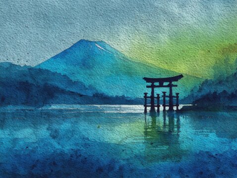 Japanese-style watercolor painting. Deep blue and green tones. Lakeside Torii with reflections, towering Fuji in the distance. Textured