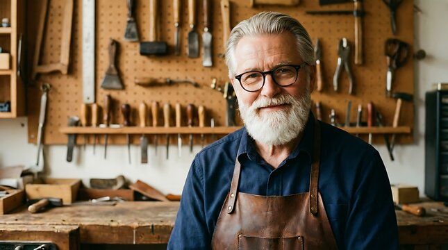 Skilled elderly craftsman with white beard and glasses smiles warmly in his workshop filled with woodworking tools and supplies, displaying expertise and dedication to his trade.