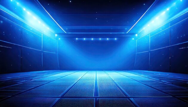 Futuristic Blue Stage with Grid Floor and Spotlights.