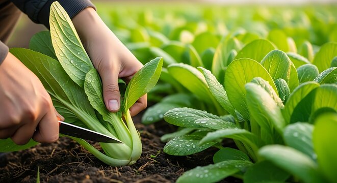 Hands cutting green leafy plants in a garden with a knife.