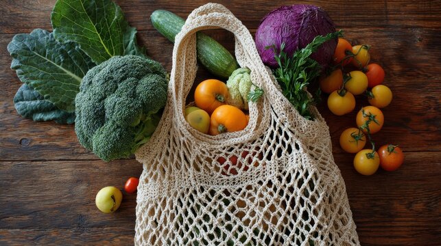 Eco friendly reusable knitted mesh string shopping bag filled with fresh fruits and vegetables concept of sustainable grocery shopping zero waste lifestyle and plastic free eco conscious market purcha