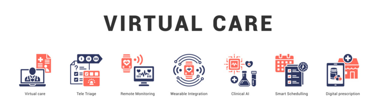 Virtual Care Modern and clean web banner illustration featuring thematic icons for visual communication