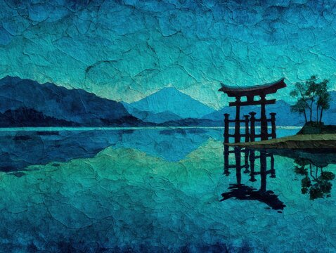 Japanese-style watercolor painting. Deep blue and green tones. Lakeside Torii with reflections, towering Fuji in the distance. Textured