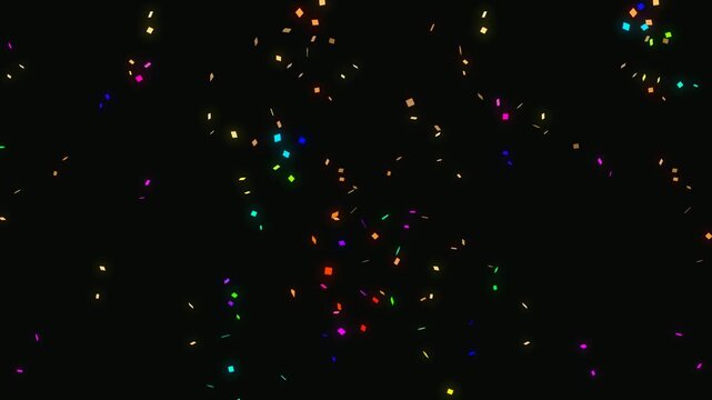 Animation of falling confetti against dark background for celebrations, parties, events, invitations, announcements, social media, presentations, and promotions.