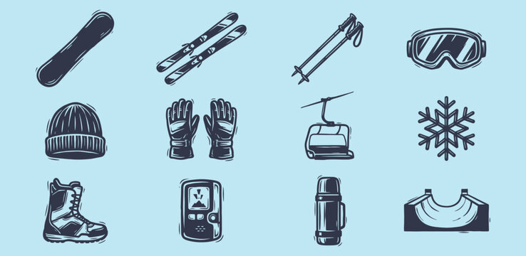 Vintage hand drawn winter sports equipment icons for mountain resort branding
