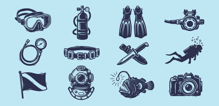 Scuba diving equipment and marine life icons for vintage ocean exploration and adventure designs